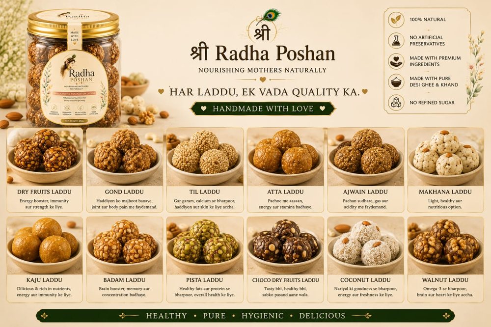 Classic and premium laddu varieties by Shree Radha Poshan — dry fruits, gond, til, atta, ajwain, makhana, kaju, badam, pista, choco dry fruits, coconut and walnut laddu